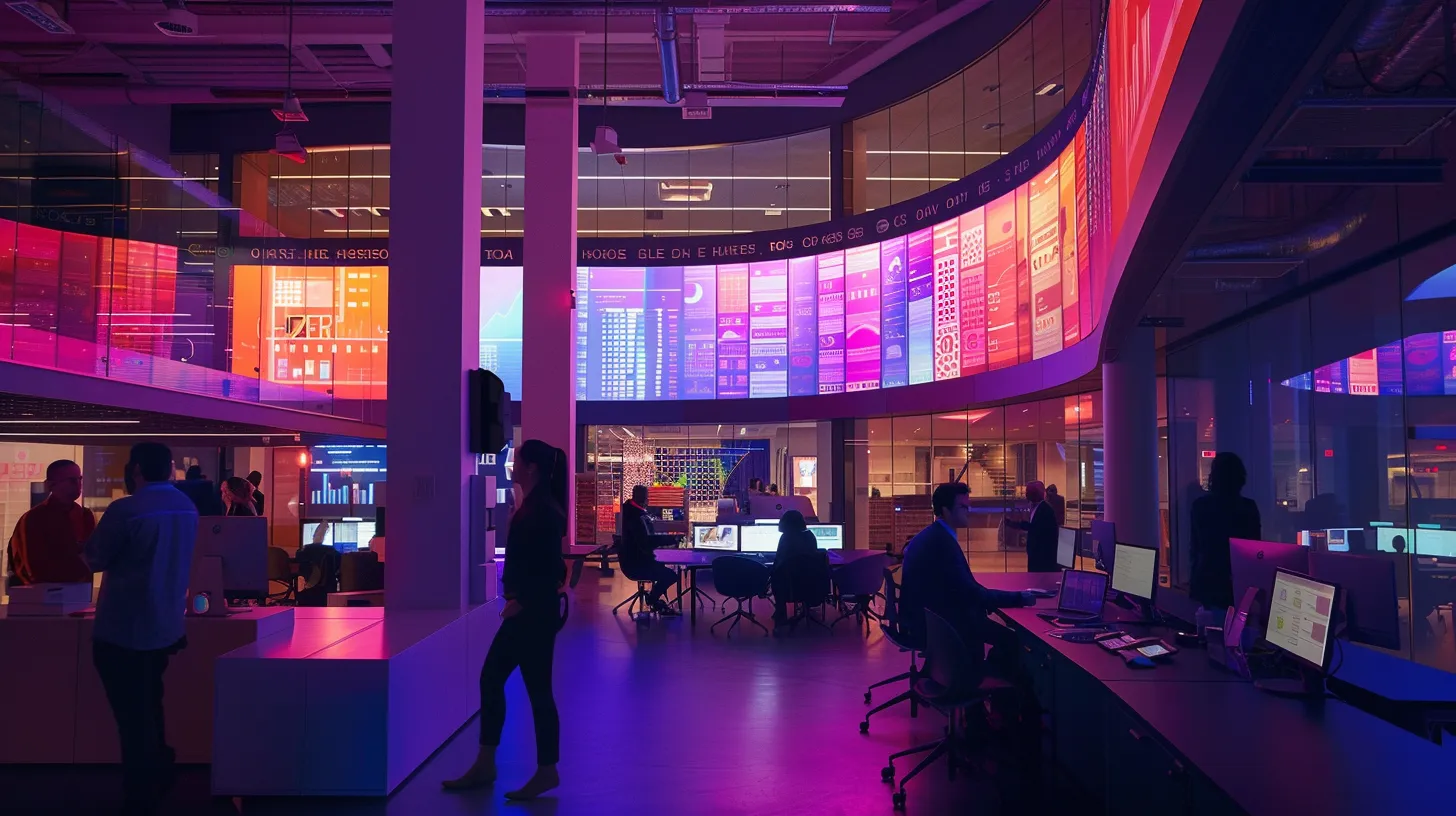a bustling urban office space features a diverse team of professionals collaborating over digital devices, analyzing vibrant charts and infographics on local seo strategies, while a large screen displays engaging website content that captivates their attention.