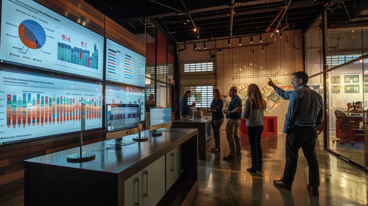a dynamic office environment bustling with small business owners engaged in focused discussions around a digital dashboard displaying analytics and growth metrics, highlighting the transformative impact of affordable seo strategies.