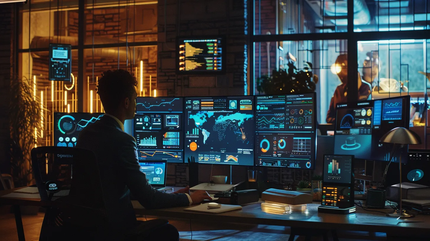 a dynamic office environment showcases a diverse team collaborating over digital devices, analyzing graphs and data visualizations on screens, symbolizing effective link building strategies to enhance digital marketing efforts.