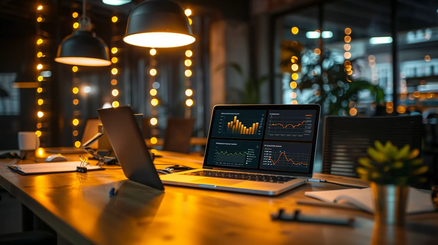 a dynamic office workspace, illuminated by sleek pendant lights, features a central desk with a laptop open to an analytics dashboard displaying rising backlink metrics, surrounded by industry reports and digital marketing visuals that emphasize the pivotal role of quality backlinks in enhancing seo success.