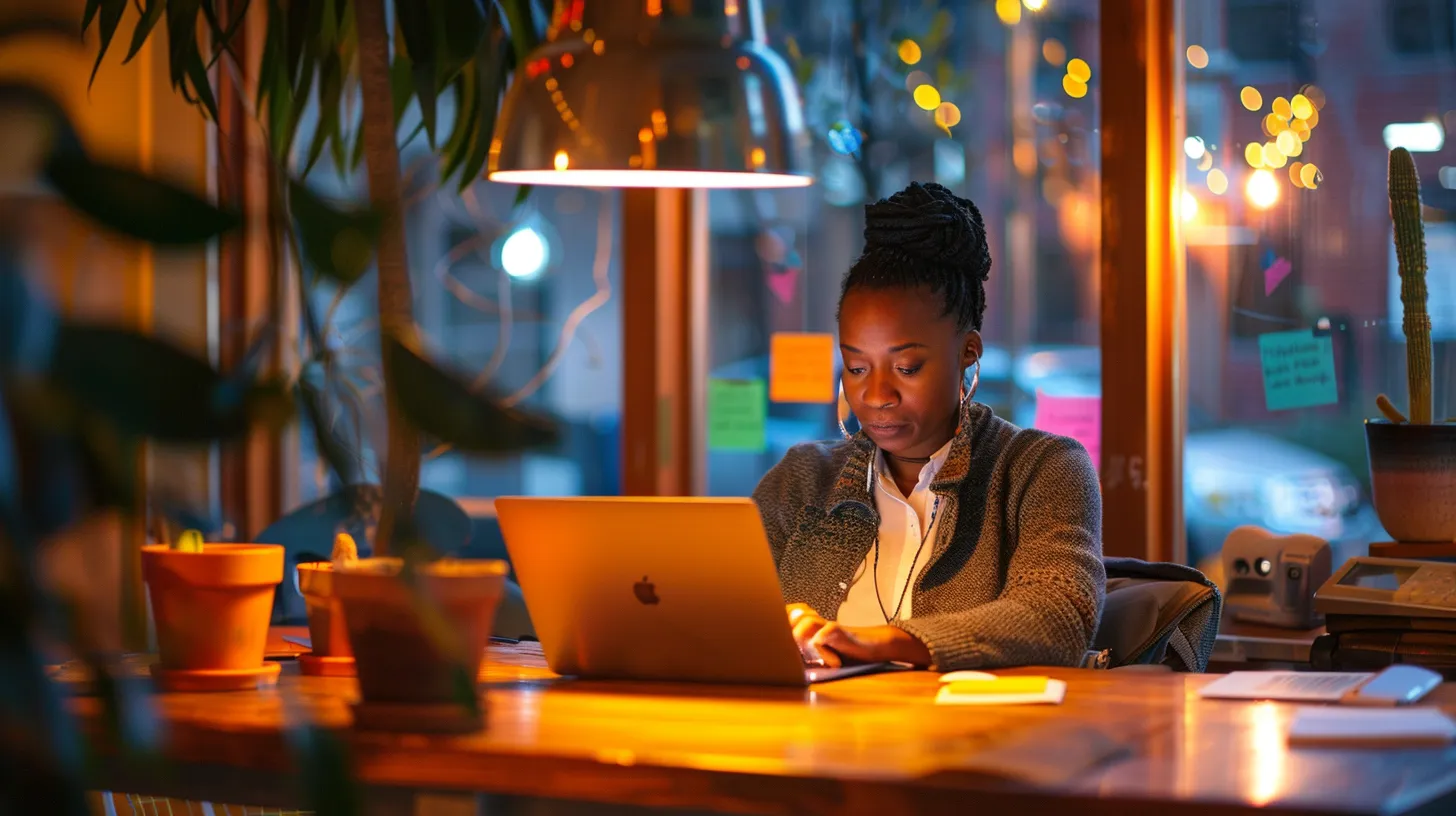a focused small business owner sits at a modern office desk, intently comparing affordable seo packages on a sleek laptop, surrounded by colorful charts and graphs that highlight digital marketing goals, illuminated by warm ambient lighting.