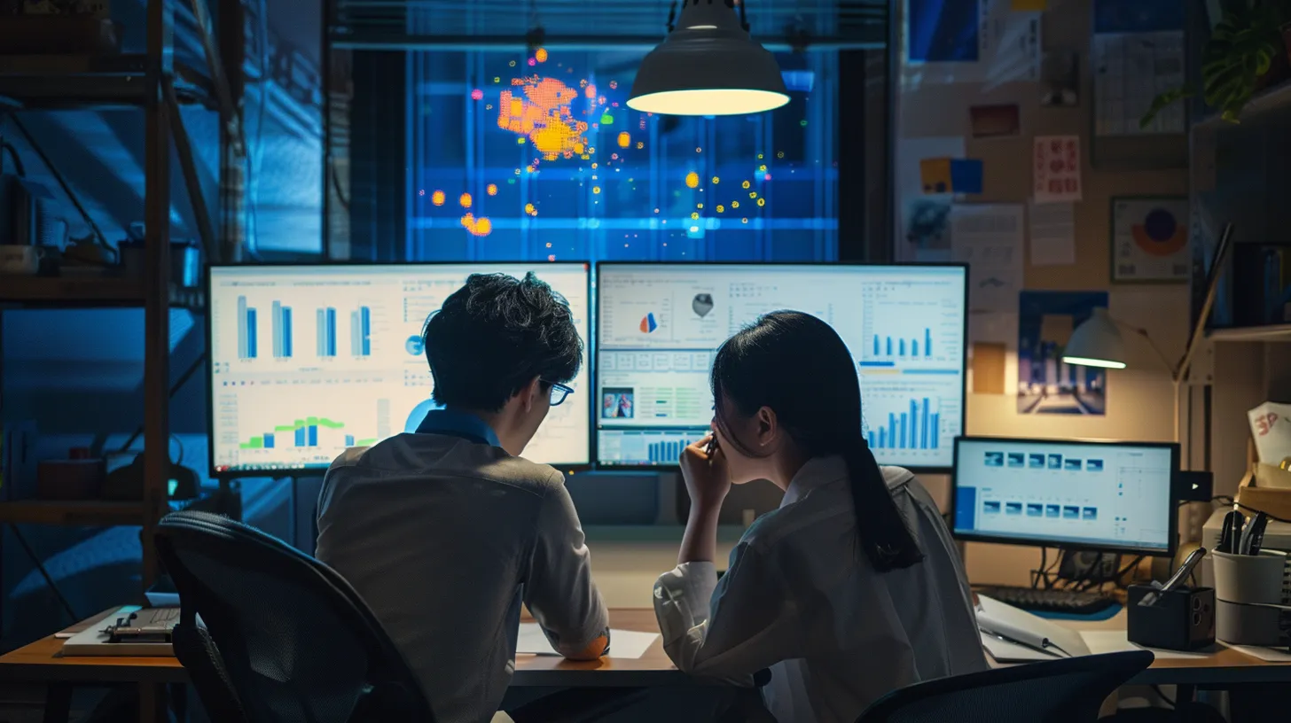 a modern office workspace featuring two professionals engaged in a focused discussion over seo strategy, with dynamic data visualizations displayed on sleek screens highlighting link-building metrics and algorithms, illuminated by vibrant, artificial lighting.
