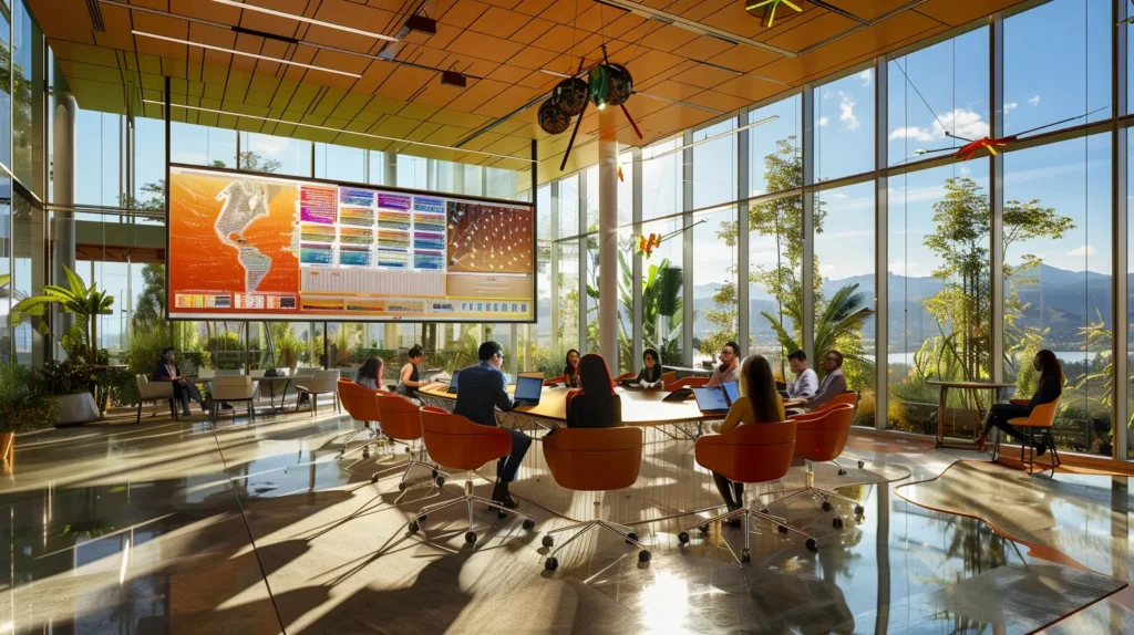 a modern office workspace showcases a collaborative meeting, where diverse professionals engage around a sleek conference table, analyzing digital graphs and seo strategies displayed on vibrant screens, embodying the theme of cost-effective outsourced solutions.