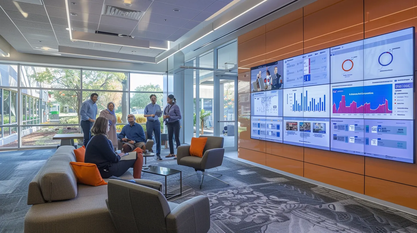 a professional office space features a diverse group of business people engaged in a dynamic brainstorming session, surrounded by charts and graphs illustrating keyword research and website optimization strategies on sleek digital screens, reflecting the essence of budget-friendly seo services for small businesses.