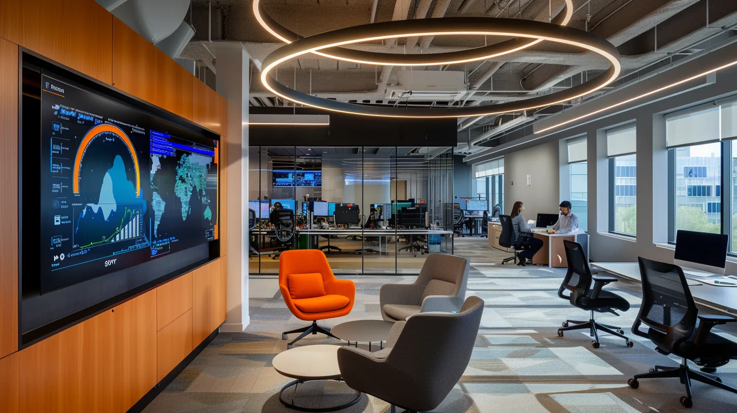 a sleek, modern office space features a large digital dashboard displaying vibrant graphs and kpis, symbolizing the strategic monitoring of budget seo performance amidst a backdrop of focused professionals collaborating over data-driven insights.