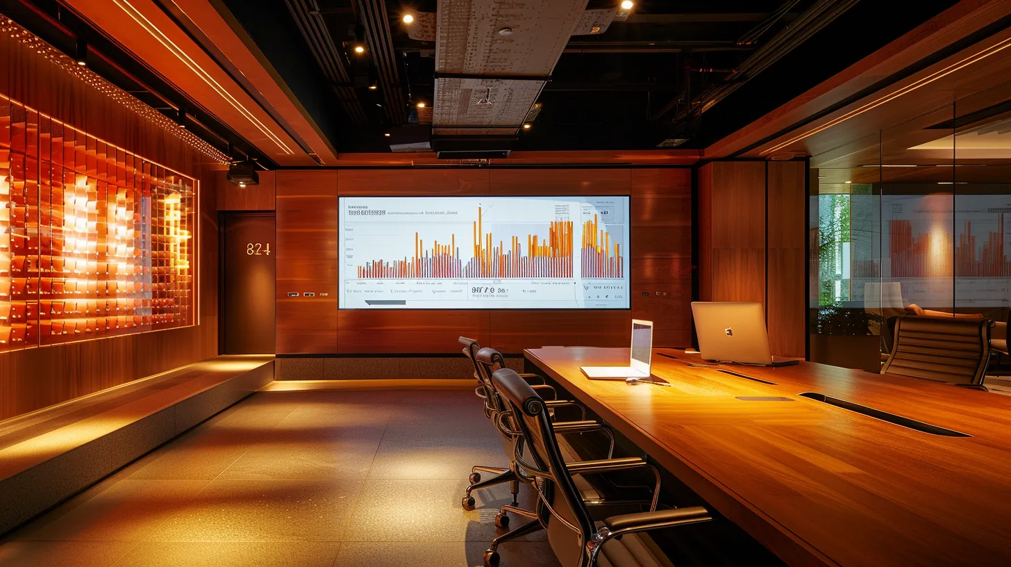 a sleek, modern office space features a large screen displaying analytical graphs and metrics of a backlink profile, highlighting key seo insights while a professional reviews the data intently at a polished wooden desk, emphasizing the importance of strategic digital marketing.
