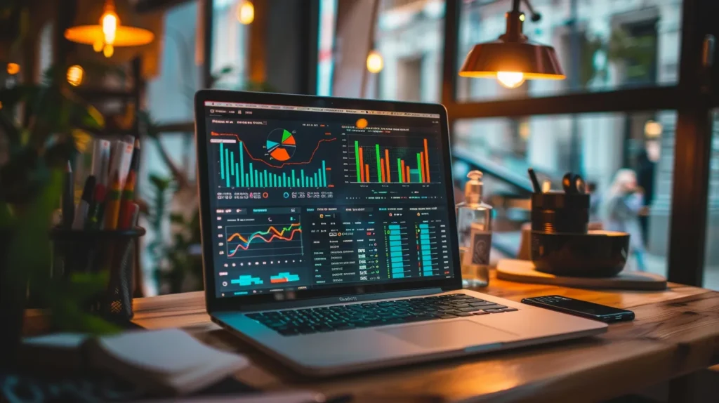 a sleek, modern office space features a large screen displaying a colorful infographic on backlink strategies, with a focused professional reviewing digital analytics on a laptop amidst an atmosphere of collaboration and innovation.