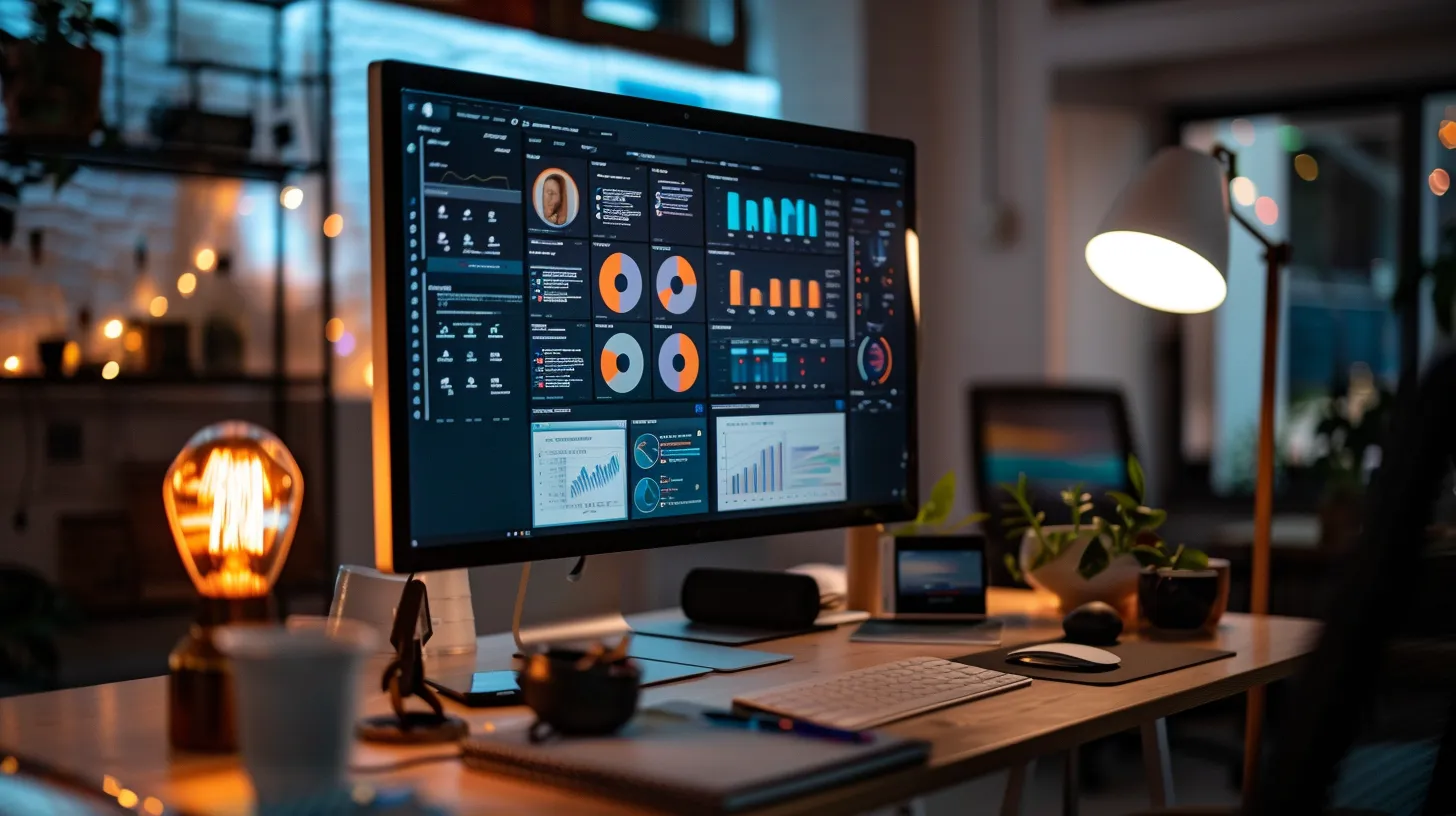 a sleek, modern office workspace features a large monitor displaying a vibrant infographic on content creation strategies, surrounded by engaged professionals collaborating over a laptop, illuminated by focused task lighting.