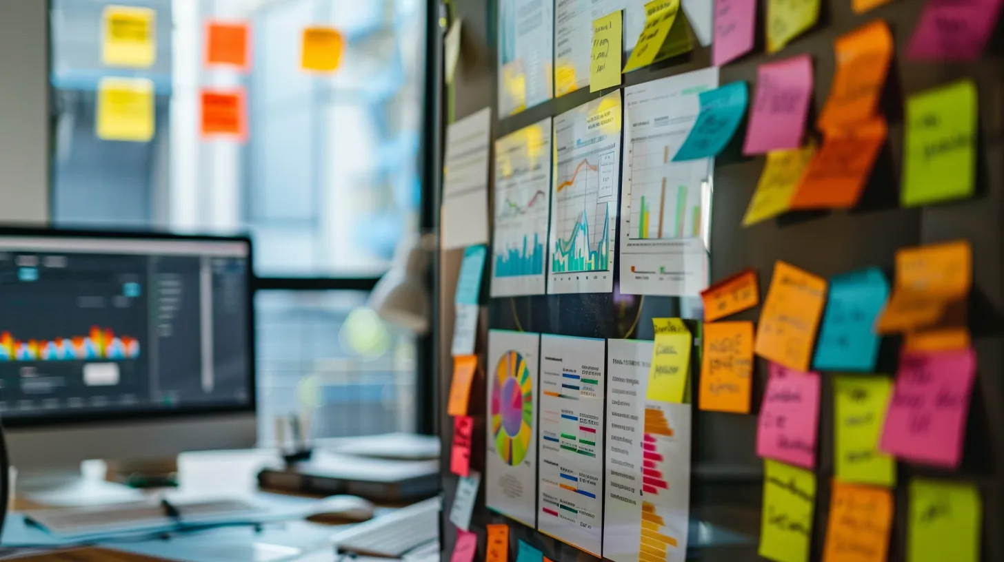 a sleek, modern office workspace features a large computer screen displaying analytical graphs and seo metrics, while vibrant post-it notes with catchy meta descriptions are pinned on a stylish corkboard, embodying the dynamic strategy of optimizing on-page seo for enhanced link worthiness.