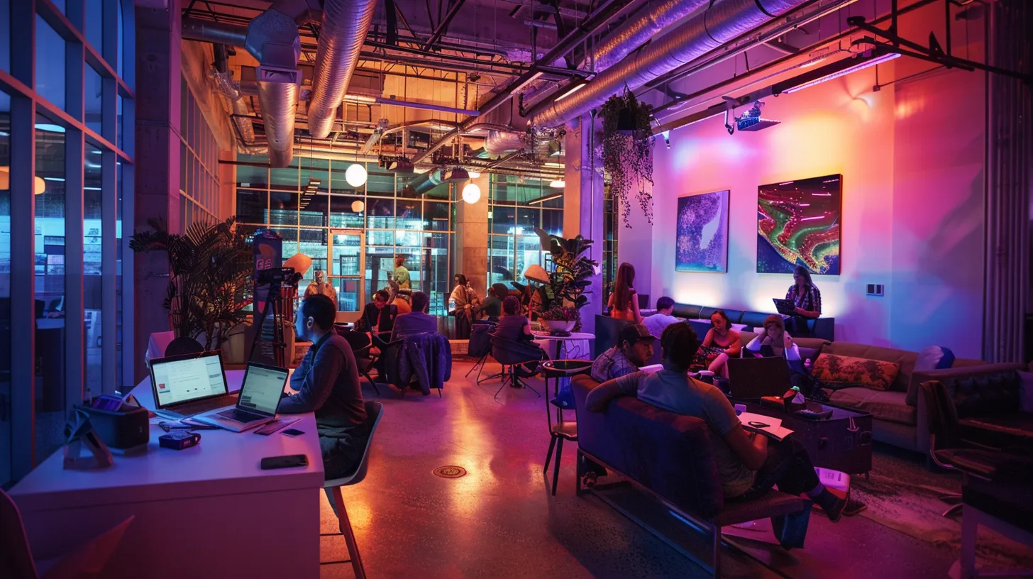 a vibrant urban workspace filled with diverse professionals engaged in dynamic discussions and brainstorming over laptops, symbolizing collaborative networking for quality backlink acquisition in digital marketing.