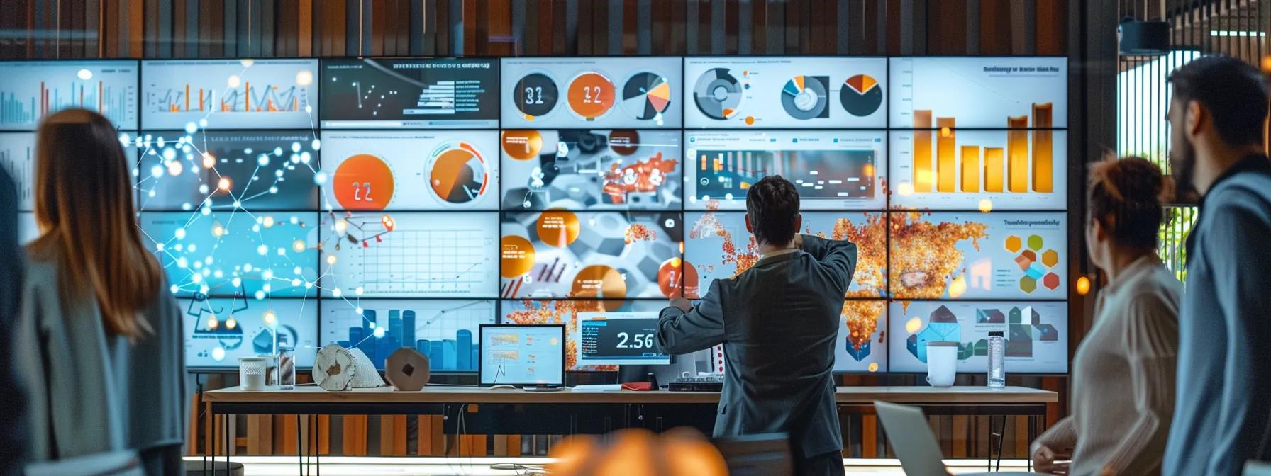 a dynamic office environment showcases a team brainstorming around a digital screen filled with colorful infographics and video clips, highlighting innovative content strategies amidst a bustling atmosphere of collaboration and creativity.