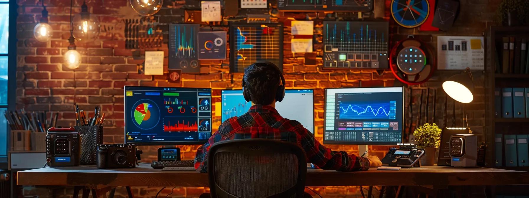 a dynamic office scene showcases a focused small business owner analyzing digital marketing strategies on multiple screens, with powerfully illustrated graphs and keyword research tools prominently displayed, under crisp, artificial lighting that emphasizes productivity and innovation.