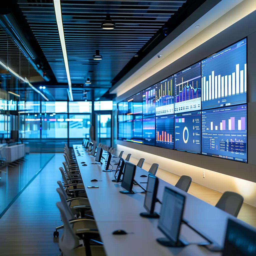 a sleek, modern office environment filled with digital screens displaying dynamic web marketing analytics, highlighting vibrant graphs and innovative marketing strategies against a backdrop of contemporary furnishings and ambient lighting.
