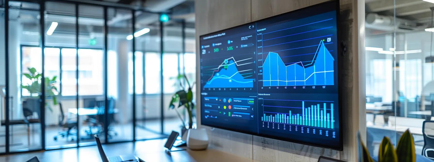 a sleek, modern office environment features a large digital screen displaying dynamic graphs and analytics, showcasing the effectiveness of targeted paid media campaigns with charts illustrating increased roi and lead generation.