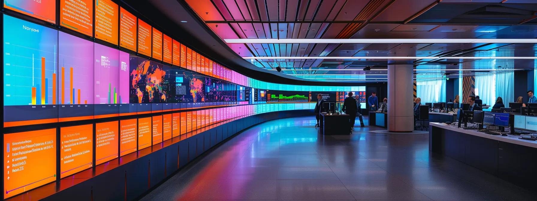 a sleek, modern office space filled with digital dashboards displaying colorful analytics and key performance indicators, where professionals are engaged in a focused discussion about optimizing web marketing strategies based on data insights.