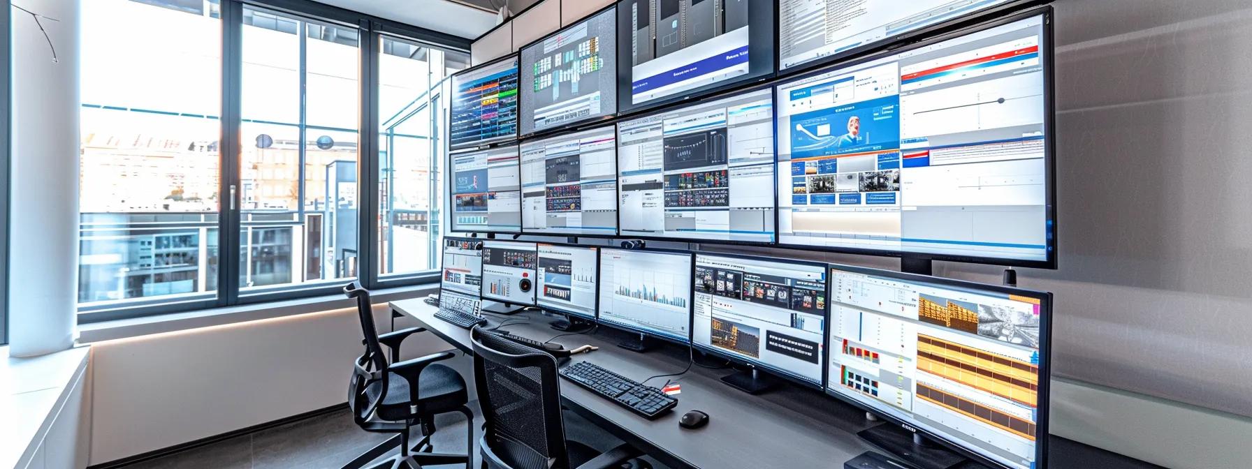a sleek, modern office workspace featuring a large monitor displaying various data analytics and user interface designs, emphasizing mobile-responsive website features and effective calls-to-action, under bright, dynamic lighting to convey a sense of innovation and urgency in digital marketing.