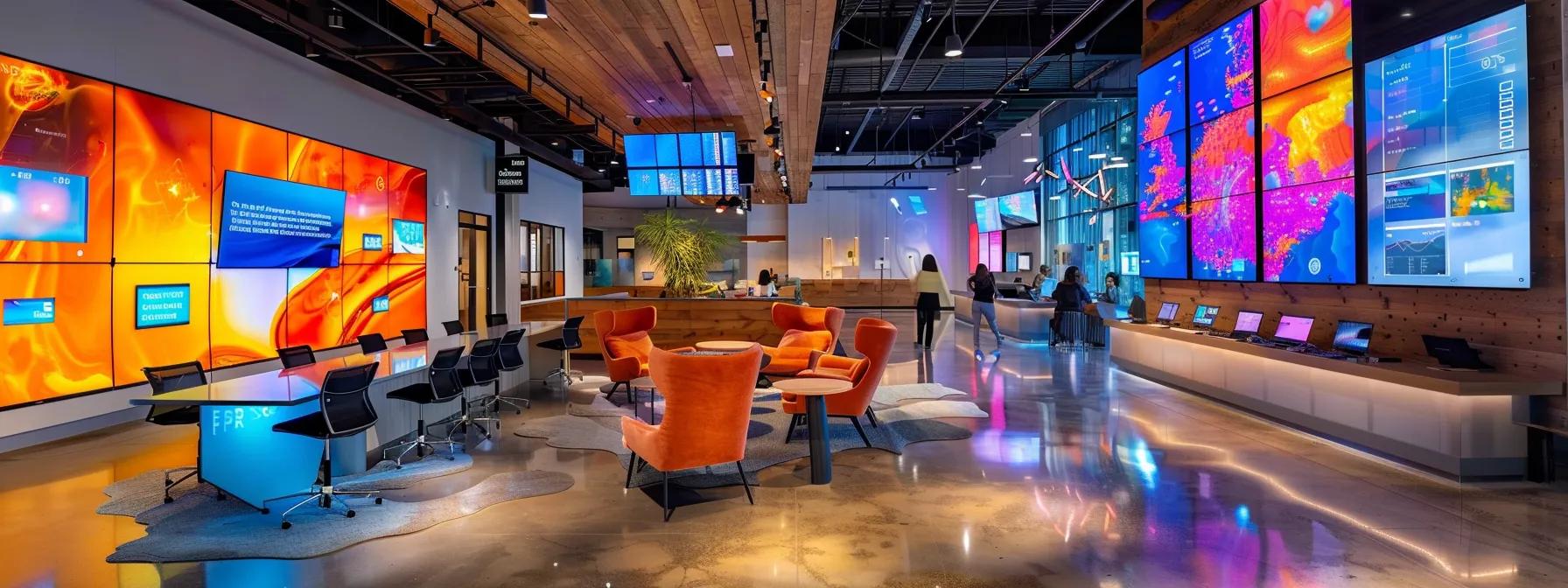 a vibrant office environment showcasing a diverse team engaged in a dynamic brainstorming session about social media strategies, with digital screens displaying various social platform analytics and colorful marketing visuals in the background.